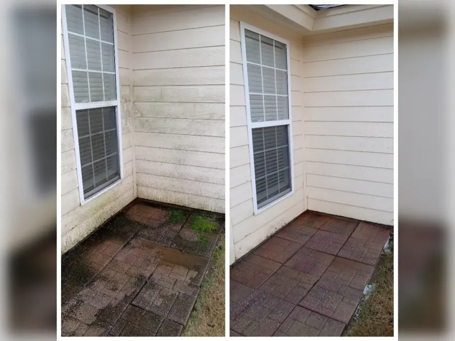 Before and after of siding and a paver patio