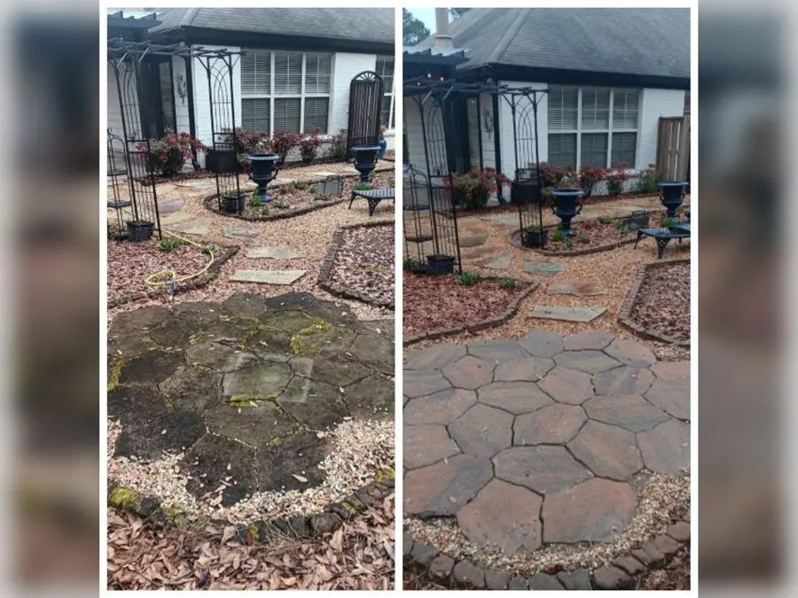 Before and after of paver stones in a garden